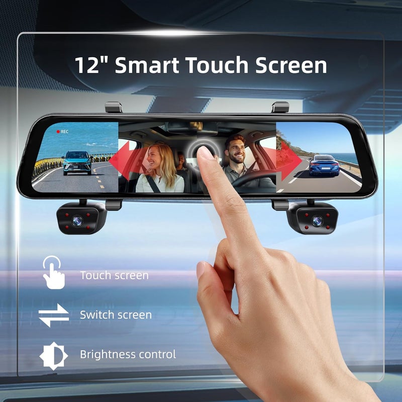 Gloryes 12" Rear View Mirror Camera,4 Channel Mirror Dash Cam Front and Rear Inside,Backup Camera for Cars,5.8GHz WiFi 360 Smart Rearview Camera,APP,GPS,Night Vision Backup Camera, Free 128GB SD Card - Image 3
